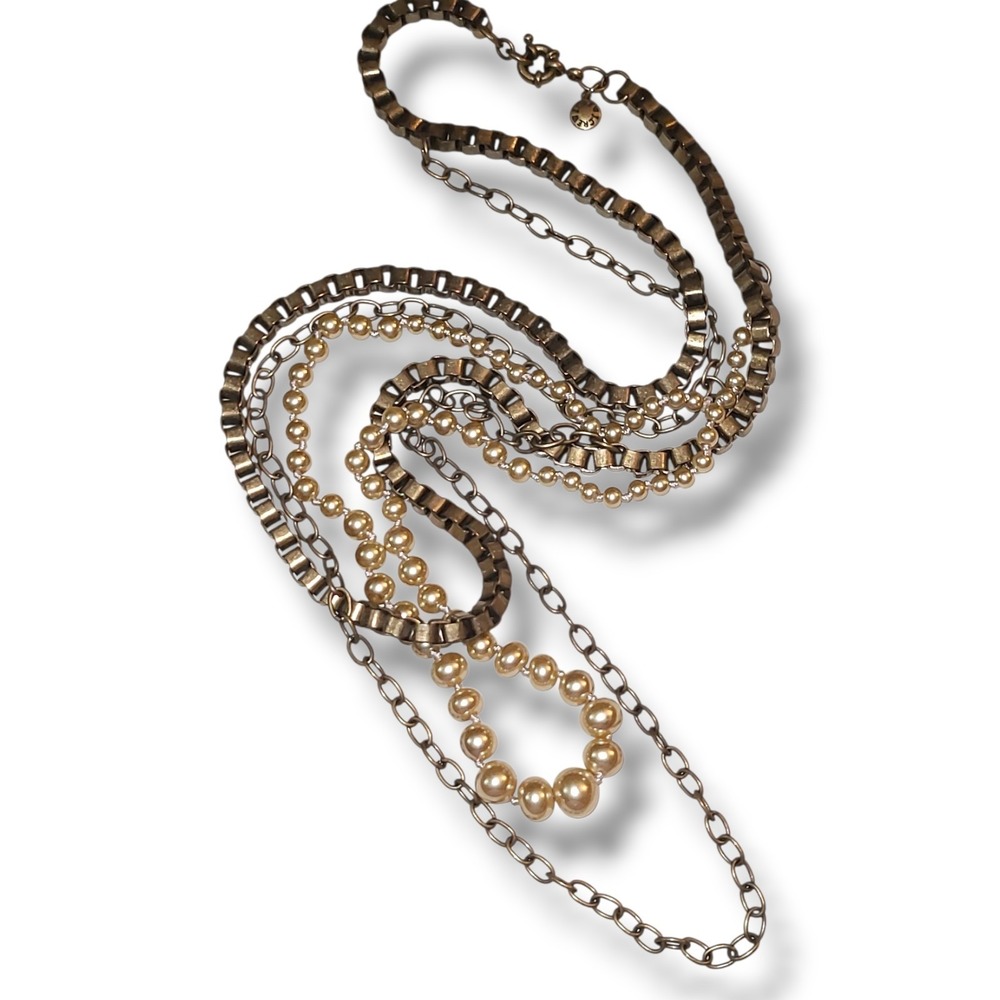 J Crew Antique Gold Chain & Faux Hand knotted Pearl Layered Necklace Y2k